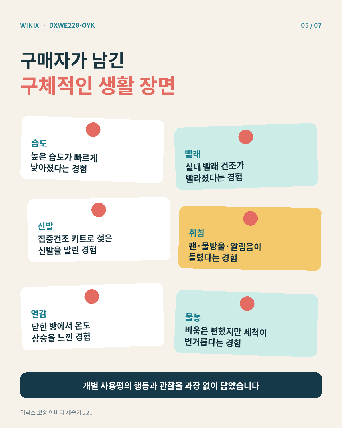 위닉스 22L의 습도 빨래 신발 소음 열감 물통 사용 장면 카드