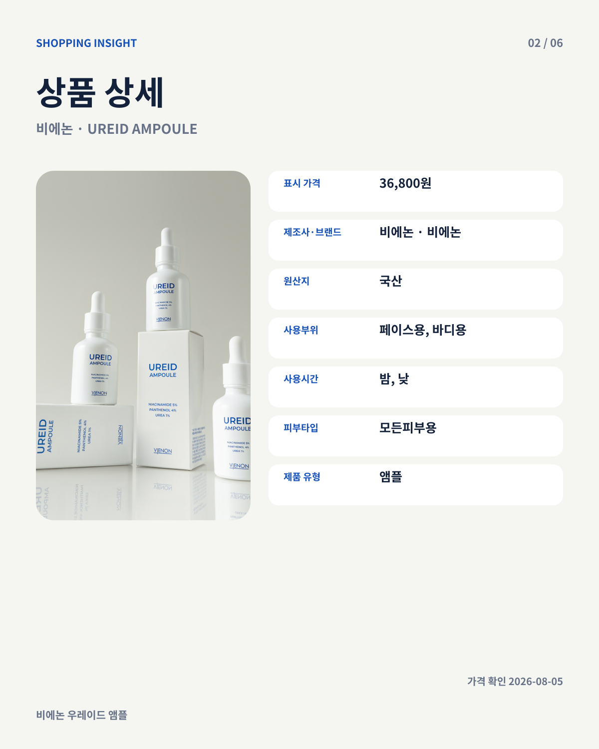 비에논 우레이드 앰플의 표시 가격과 제조사, 원산지, 사용부위, 피부타입을 보여주는 상품 상세 카드